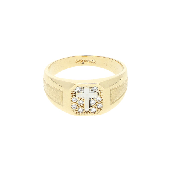 Anillo tipo sello motivo cruz con circonias en oro dos tonos 14 kilates.