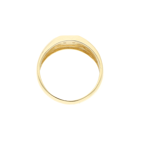 Anillo tipo sello motivo cruz con circonias en oro dos tonos 14 kilates.