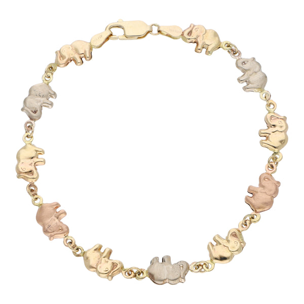 Pulsera eslabón articulado motivo elefantes en oro tres tonos 14 kilates.
