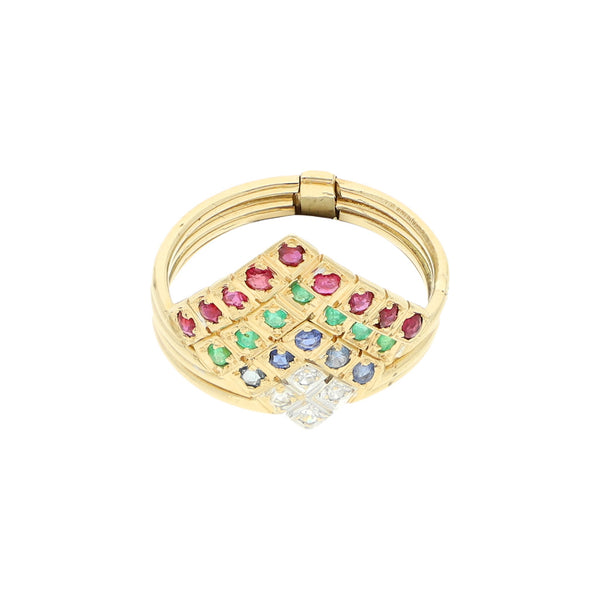 Anillo diseño especial con diamantes y gemas en oro amarillo 14 kilates.
