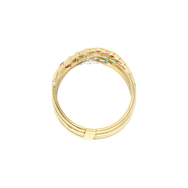 Anillo diseño especial con diamantes y gemas en oro amarillo 14 kilates.