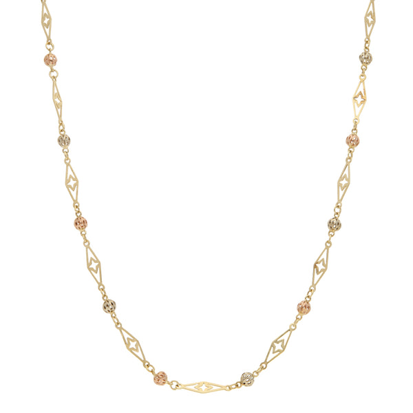 Collar eslabón laminado con aplicaciones motivo esfera en oro tres tonos 14 kilates.