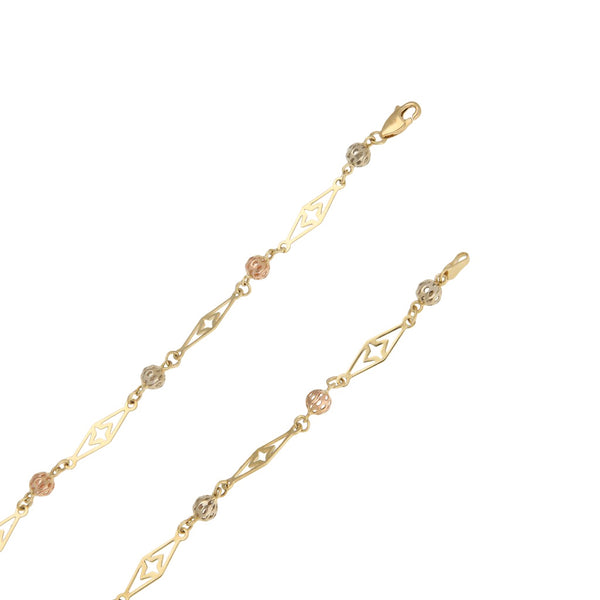 Collar eslabón laminado con aplicaciones motivo esfera en oro tres tonos 14 kilates.