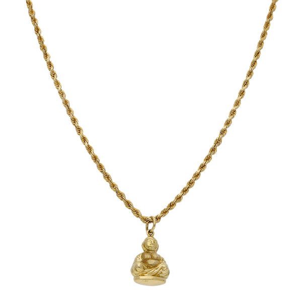 Collar eslabón torzal y dije motivo Buda en oro amarillo 14 kilates.