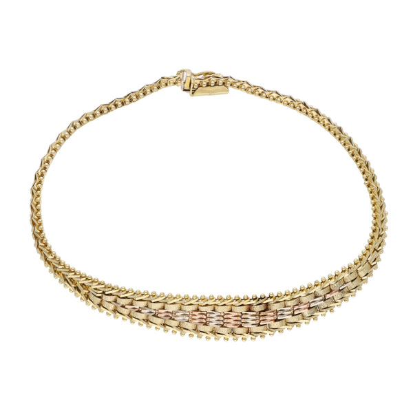 Pulsera eslabón boleado en oro tres tonos 14 kilates.