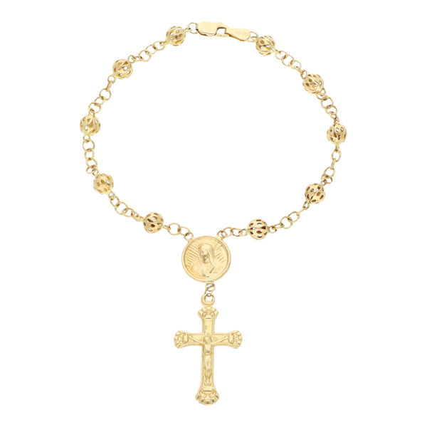 Pulsera tipo rosario eslabón cruzado en oro amarillo 14 kilates.