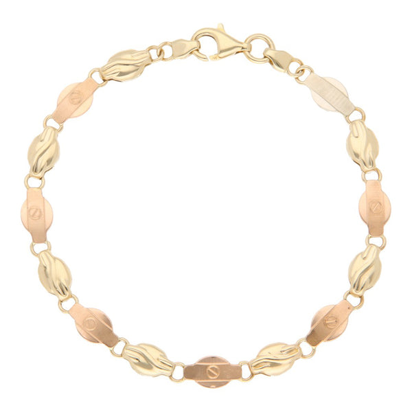 Pulsera eslabón articulado en oro tres tonos 14 kilates.