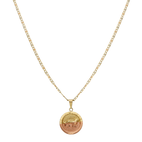 Collar eslabón nudo marino en oro tres tonos 14 kilates y dije laminado oro dos tonos 12 kilates.
