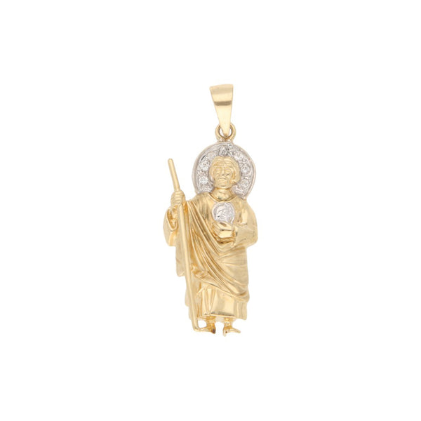 Medalla diseño especial motivo San Judas Tadeo con circonias en oro amarillo 14 kilates.