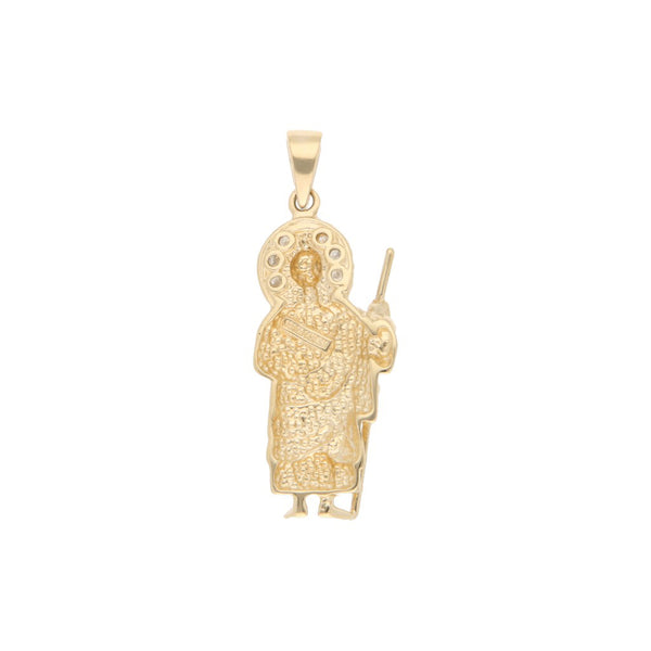 Medalla diseño especial motivo San Judas Tadeo con circonias en oro amarillo 14 kilates.