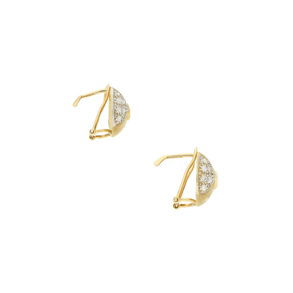 Aretes diseño especial con rubí y circonias en oro amarillo 14 kilates.