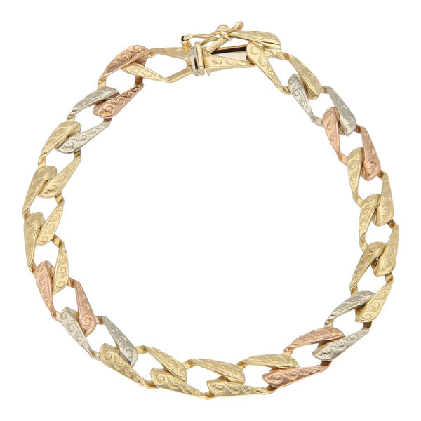 Pulsera eslabón encontrado en oro tres tonos 14 kilates.