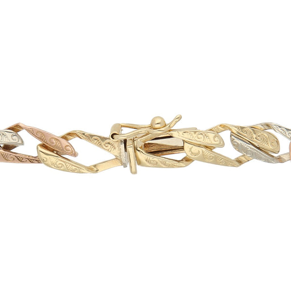 Pulsera eslabón encontrado en oro tres tonos 14 kilates.