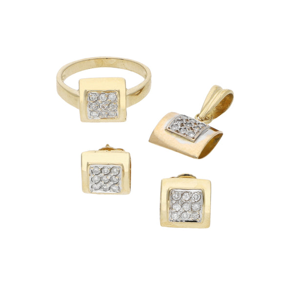 Juego de aretes, anillo y dije diseño especial con diamantes en oro amarillo 14 kilates.