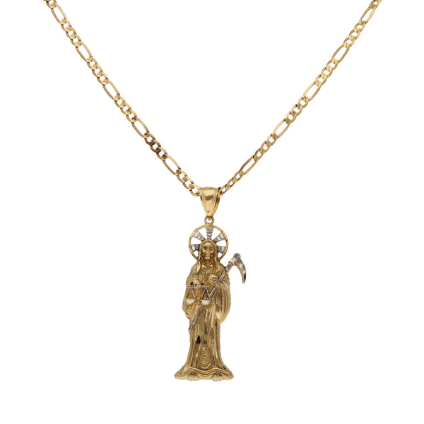 Collar de tres eslabones por uno y dije diseño especial motivo muerto en oro amarillo 14 kilates