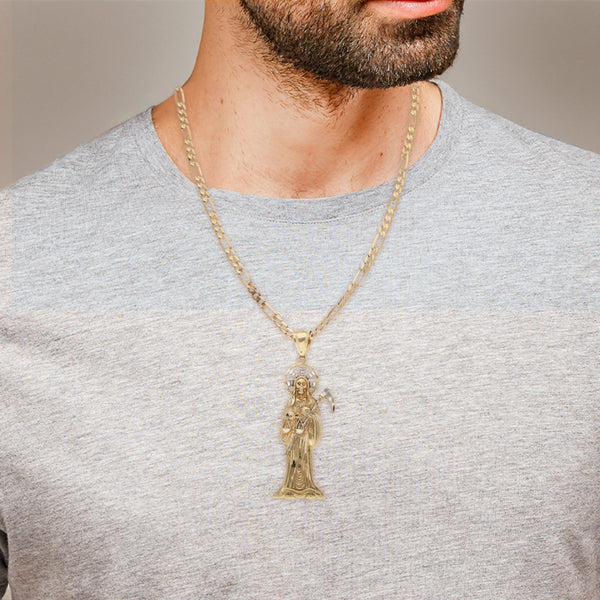 Collar de tres eslabones por uno y dije diseño especial motivo muerto en oro amarillo 14 kilates