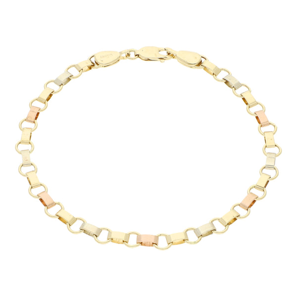 Pulsera eslabón combinado en oro tres tonos 14 kilates.