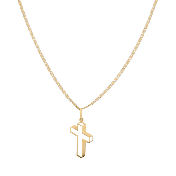 Collar eslabón nudo marino y cruz laminada en oro amarillo 14 kilates.