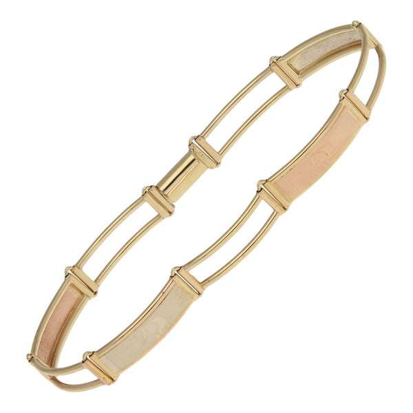 Pulsera eslabón laminado motivo elefantes en oro tres tonos 14 kilates.