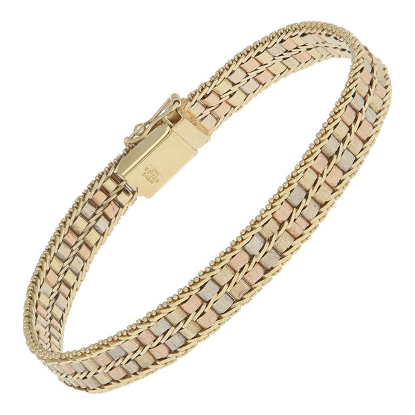 Pulsera eslabón boleado en oro tres tonos 14 kilates.