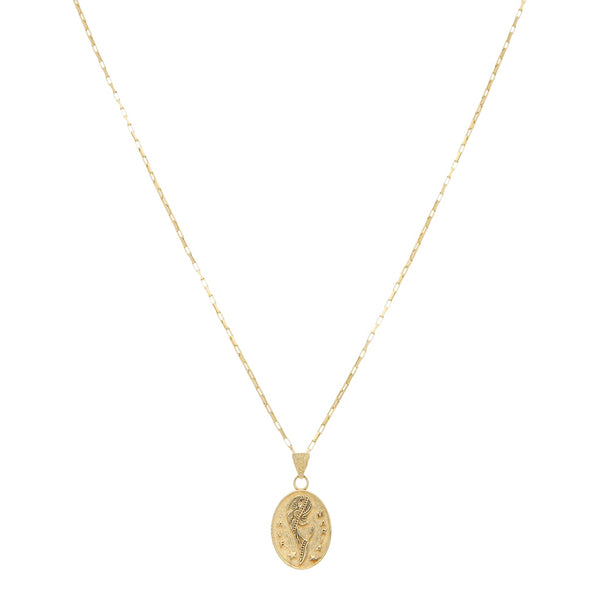 Collar eslabón cruzado y medalla motivo Madona en oro amarillo 14 kilates.-