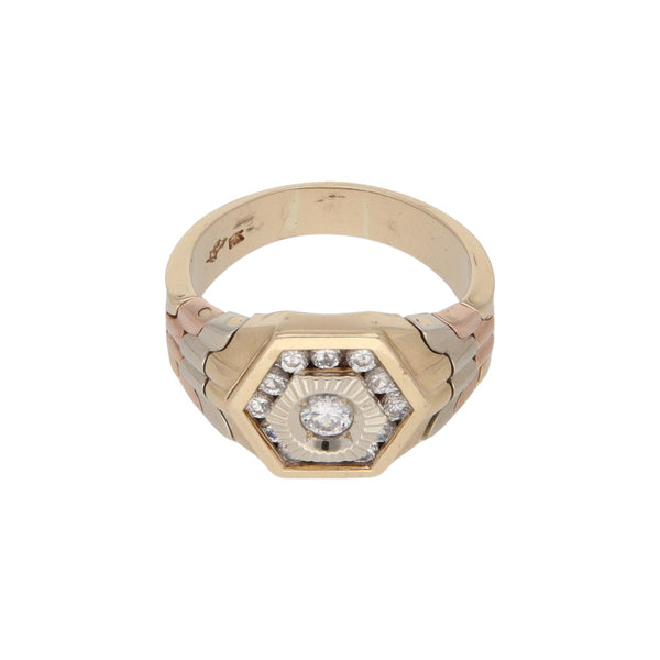 Anillo diseño especial circonias en oro tres tonos 14 kilates.