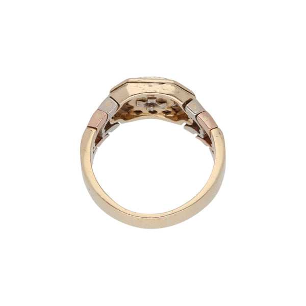 Anillo diseño especial circonias en oro tres tonos 14 kilates.