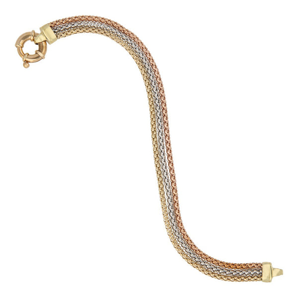 Pulsera de tres hilos eslabón tejido en oro tres tonos 14 kilates.