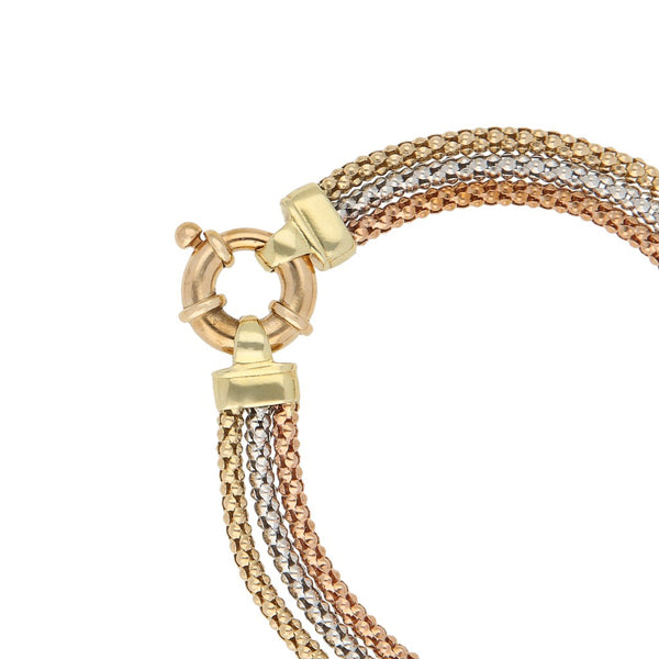 Pulsera de tres hilos eslabón tejido en oro tres tonos 14 kilates.