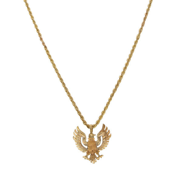 Collar eslabón torzal y dije labrado motivo águila en oro amarillo 14 kilates.
