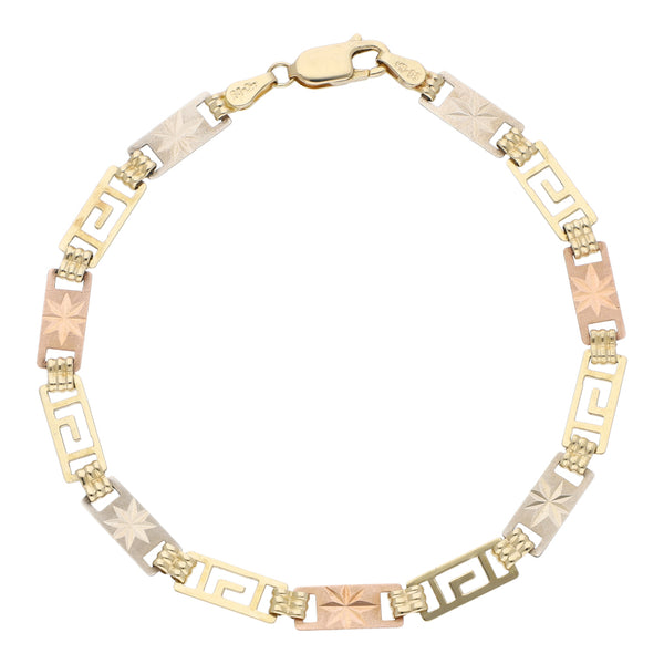 Pulsera eslabón articulado en oro tres tonos 14 kilates.
