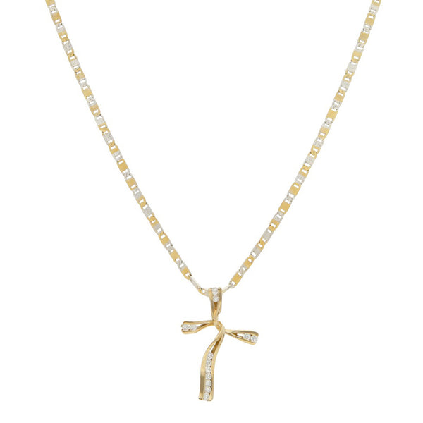 Collar eslabón nudo marino platinado y cruz estilizada con circonias en oro amarillo 14 kilates.
