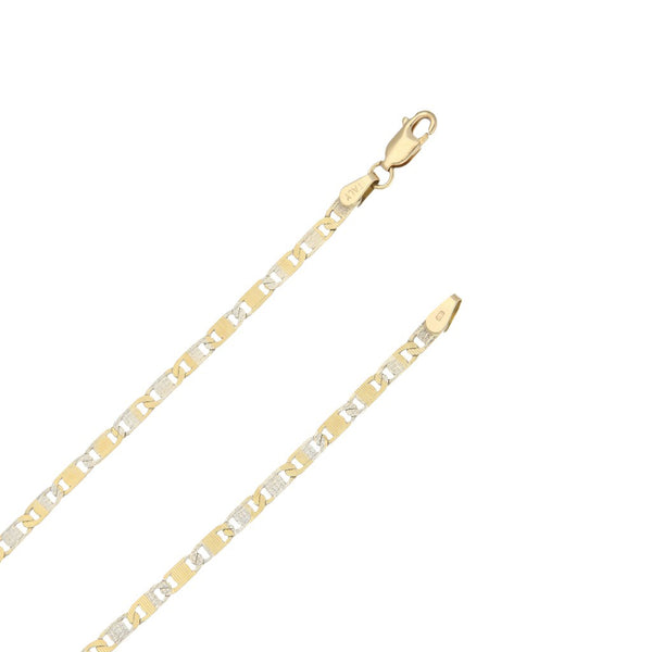 Collar eslabón nudo marino platinado y cruz estilizada con circonias en oro amarillo 14 kilates.