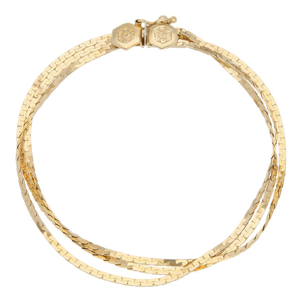 Pulsera de tres hilos eslabón planchado en oro amarillo 14 kilates.