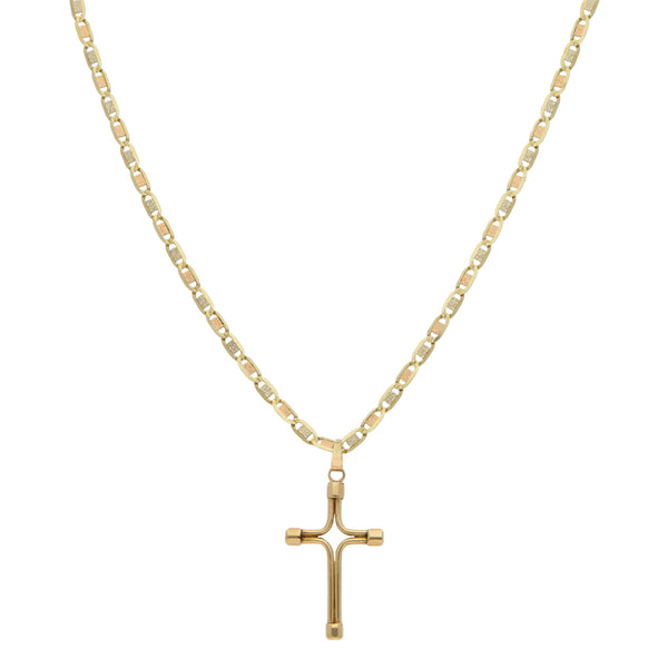 Collar eslabón nudo marino y cruz estilizada en oro amarillo 14 kilates.