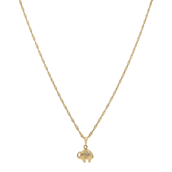 Collar eslabón torzal y dije hueco motivo elefante en oro dos tonos 14 kilates.