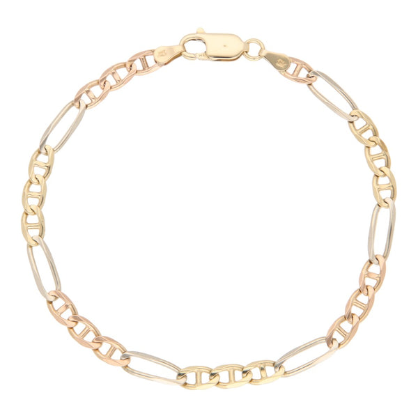 Pulsera de tres eslabones por uno en oro tres tonos 14 kilates.