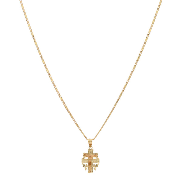 Gargantilla eslabón combinado y crucifijo diseño especial en oro dos tonos 14 kilates.