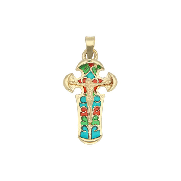 Crucifijo diseño especial con esmalte en oro amarillo 14 kilates.