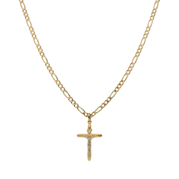 Collar de tres eslabones por uno y crucifijo liso en oro dos tonos 14 kilates.