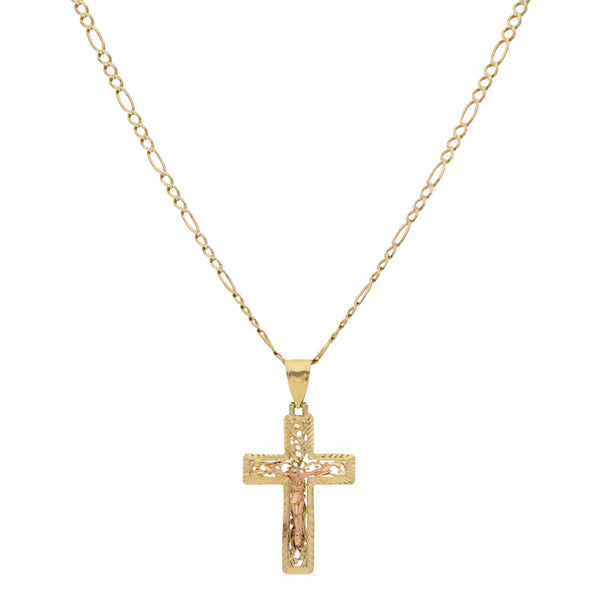 Collar de tres eslabones por uno y crucifijo calado en oro dos tonos 14 kilates.