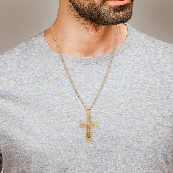 Collar de tres eslabones por uno y crucifijo calado en oro dos tonos 14 kilates.