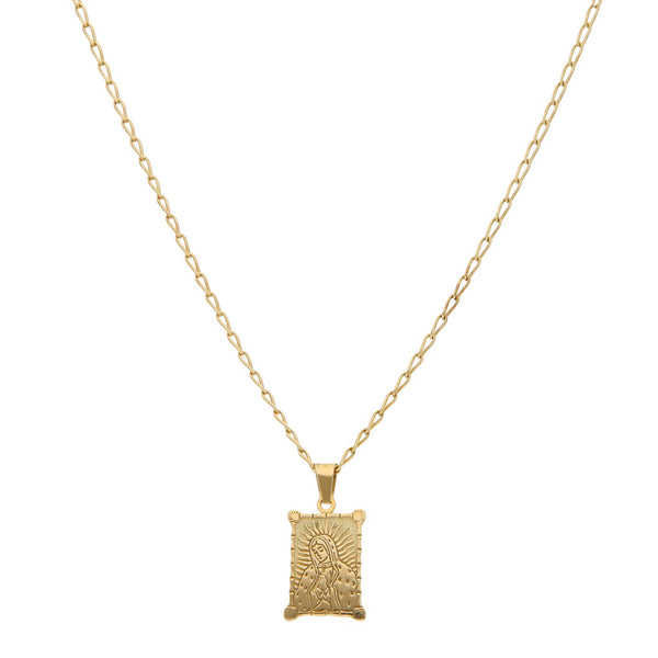 Collar eslabón encontrado y medalla motivo Virgen de Guadalupe en oro amarillo 14 kilates.
