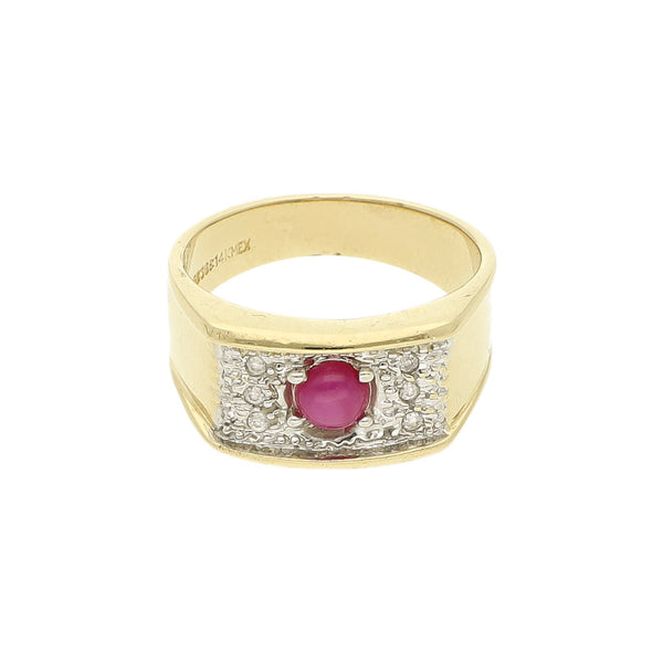 Anillo diseño especial con Rubí y sintéticos en oro amarillo 14 kilates.