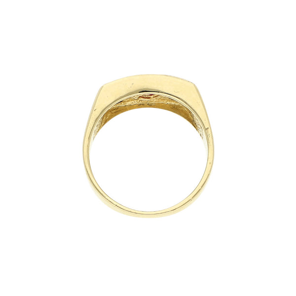 Anillo diseño especial con Rubí y sintéticos en oro amarillo 14 kilates.
