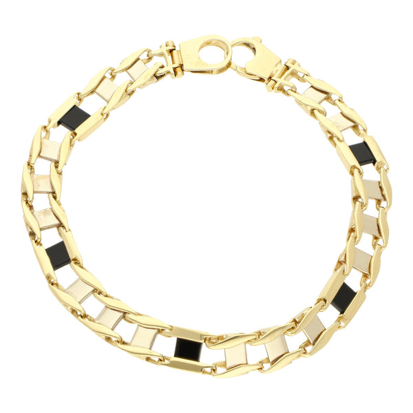 Pulsera eslabón articulado con ónix en oro dos tonos 14 kilates.