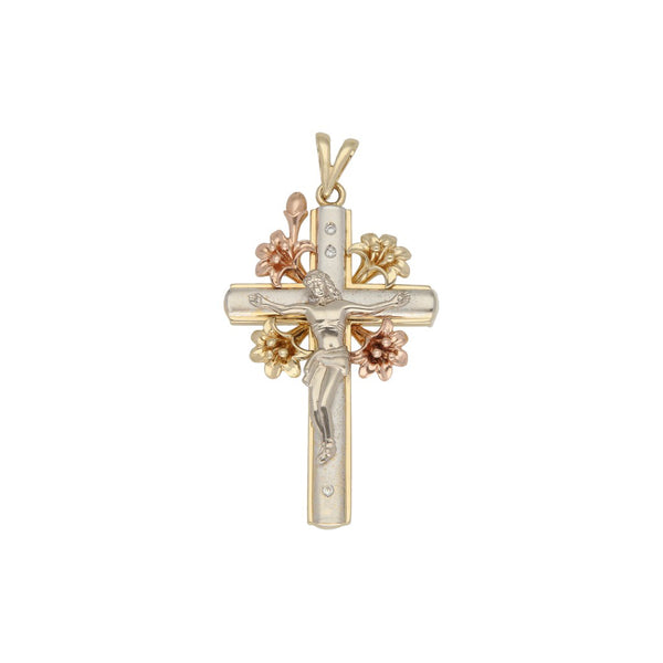 Crucifijo diseño especial con circonias en oro tres tonos 14 kilates.