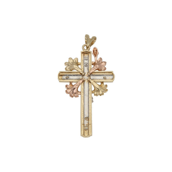 Crucifijo diseño especial con circonias en oro tres tonos 14 kilates.