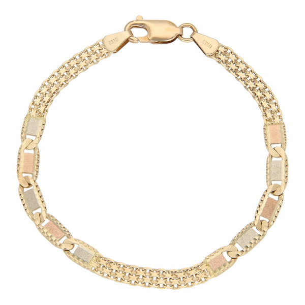 Pulsera eslabón combinado en oro tres tonos 14 kilates.