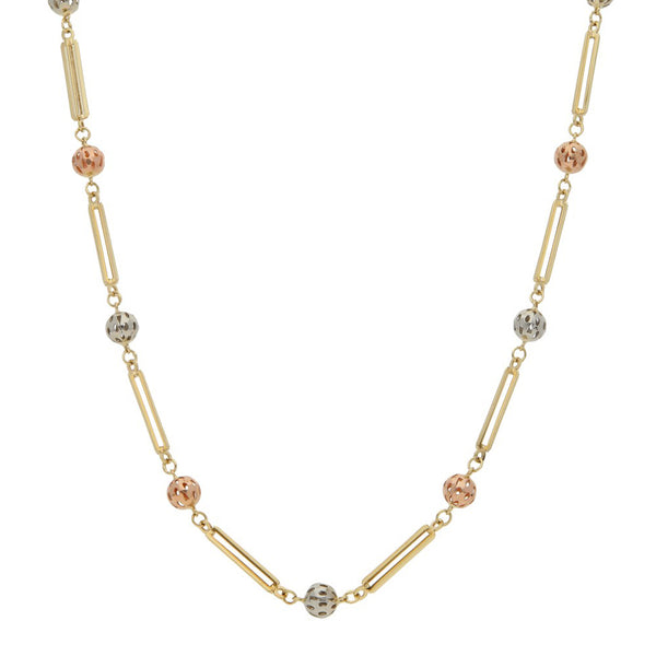 Collar eslabón combinado con aplicaciones motivo esferas en oro tres tonos 14 kilates.